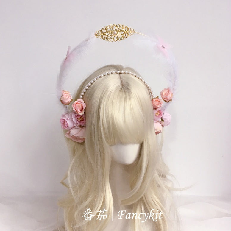 Flower Lolita Virgin Mary Double Layer Halo Hair Crown - Hanfu Headwear with Feather | Classical Han-Yang Eclectic Headpiece