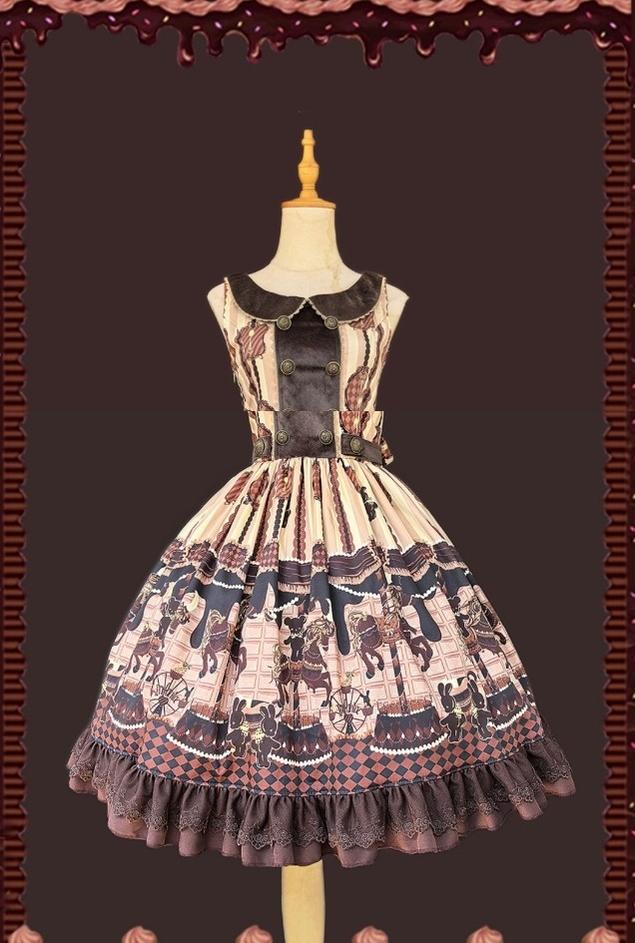 Infanta - Chocolate Carousel - Peter Pan Collar Old School Lolita JSK Dress, Carousel Print