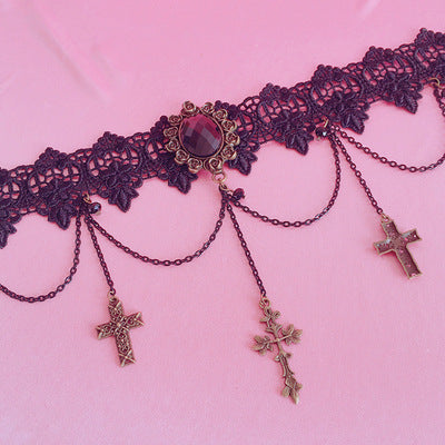 Gothic Retro Cross Choker Soft Girl Lolita Lace Short Necklace Collarbone Chain Accessory