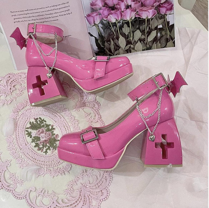 Bingo Lulu - Late Century Sweetheart - Punk Lolita High-Heeled Mary Jane Shoes with Cross-Shaped Heel Cutout - product detail 8