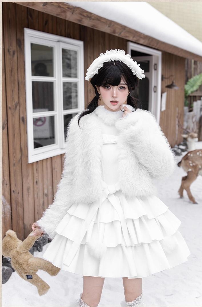 With PUJI - White Choco - Winter Kawaii Lolita JSK Dress Set, Fluffy Accents