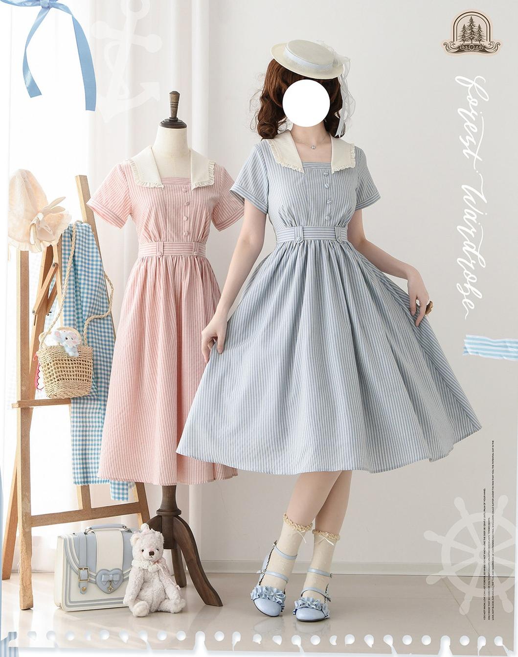Forest Wardrobe - Endless Forest - Summer Striped Classic Lolita OP Dress, Short Sleeve