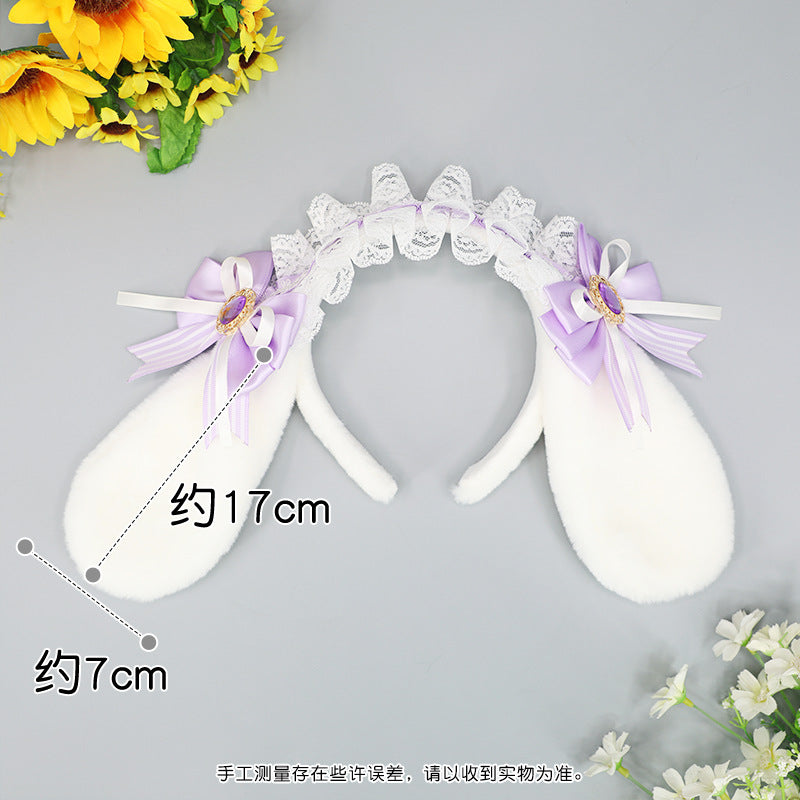 Handmade Plush Hair Accessories Bow Lace Ribbon Hair Ornament Cosplay Party Animal Ears Lolita Bunny Ear Headband - Lolita Fetch