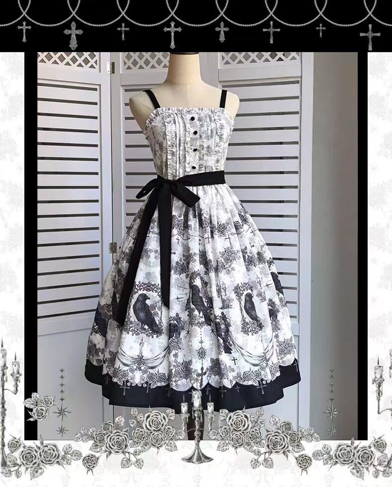 Blue Bird of Happiness - Mystic Crow - Gothic Lolita JSK dress with crow, rose and cross prints - product detail 5