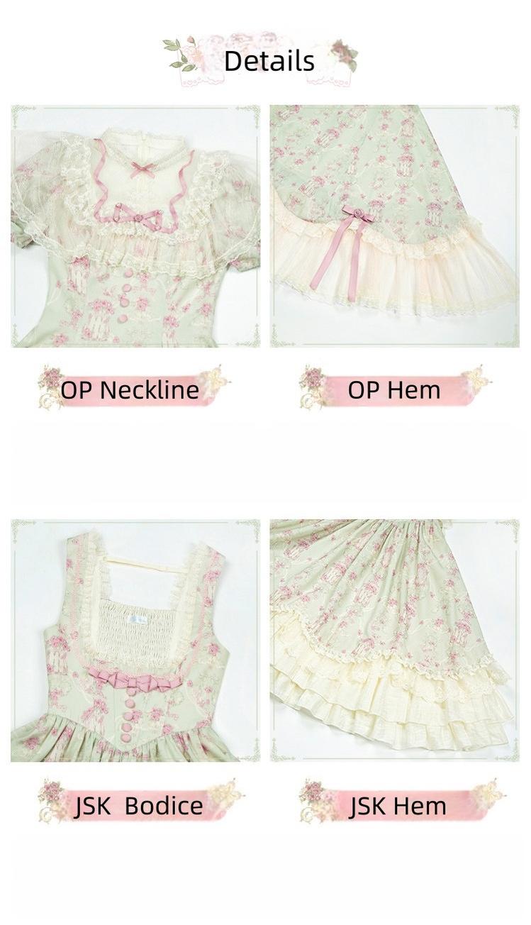 With PUJI - Wind Swept Roses - Classic Lolita Rose Printed Dress Set, Petal Hem