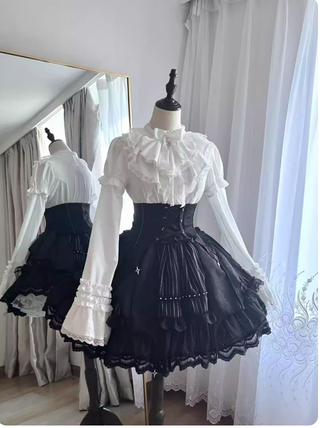 Trace Bone - Black Gothic Lolita SK & Waist Cincher White Hime Sleeve Blouse + Waist Cincher + SK XS Gothic Lolita