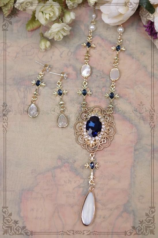 Rose of Sharon - Classic Lolita Necklace & Earrings - Artificial Pearl Rhinestone Earrings