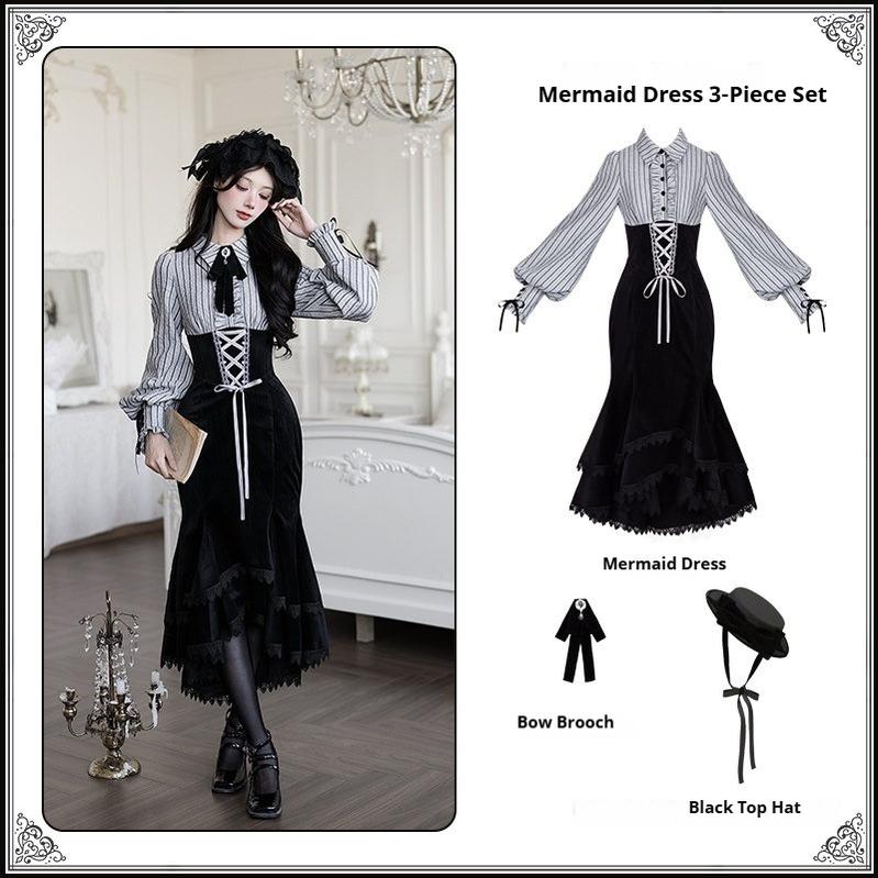 Dusk Moment - Classic Lolita Striped OP & Mermaid Dress Set, Fishbone Waist Mermaid Dress 3-Piece Set (mermaid dress + bow brooch + black top hat) S