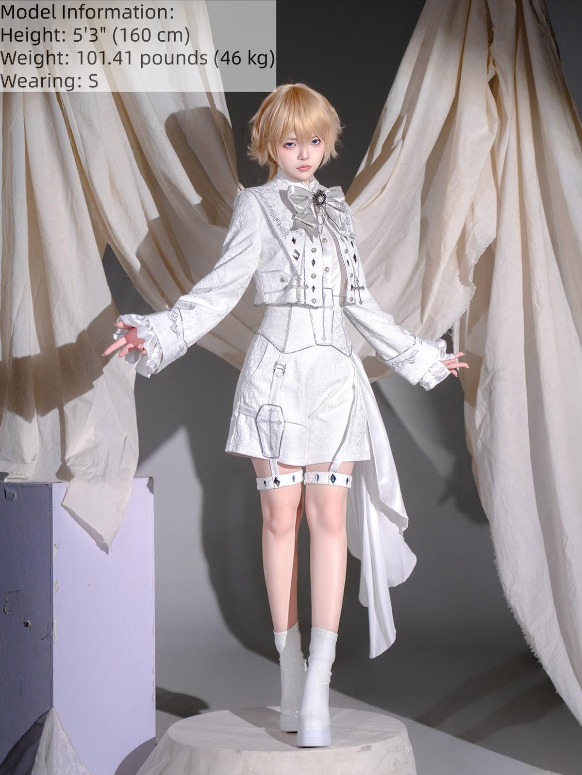 Letters from Unknown Star - Silver Covenant - White Ouji Lolita Embroidery Coat and Shorts Set with Cross