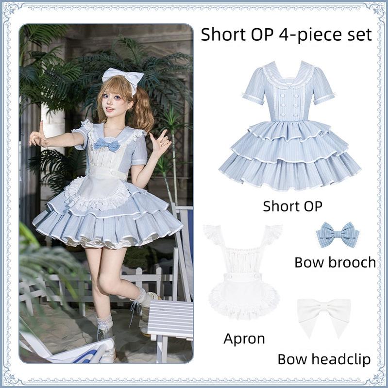 Seven-Day Bell - Blue Classic Lolita Striped OP Dress, Sailor Collar (L M S) 45166:837901