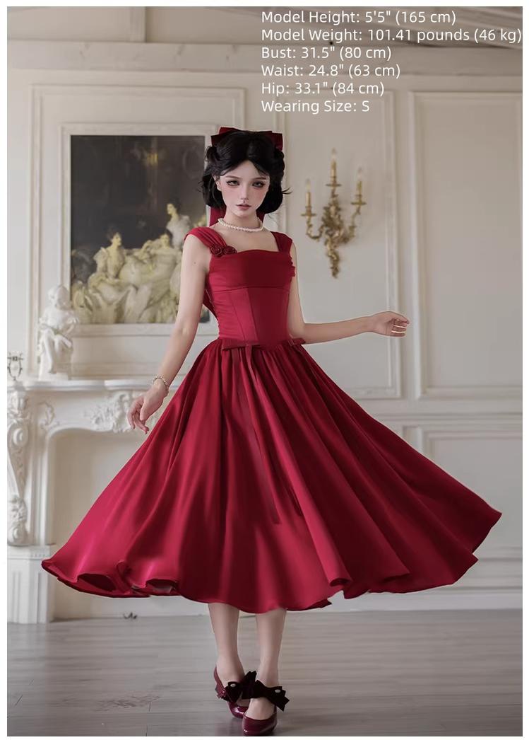 With PUJI - For Beloved - Classic Lolita Satin JSK Dress Set, Fishbone Waist