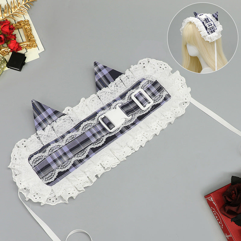 Subculture Retro Plaid Buckle Hairband Ancient Rural Style Lolita KC Lace Japanese Style Lolita Cat Ear Hair Accessory