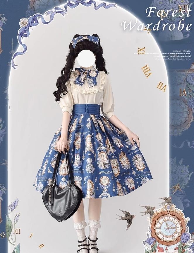 Eternal Echo - Sweet Lolita Skirt Classic Daily Lolita Blouse S Deep blue skirt