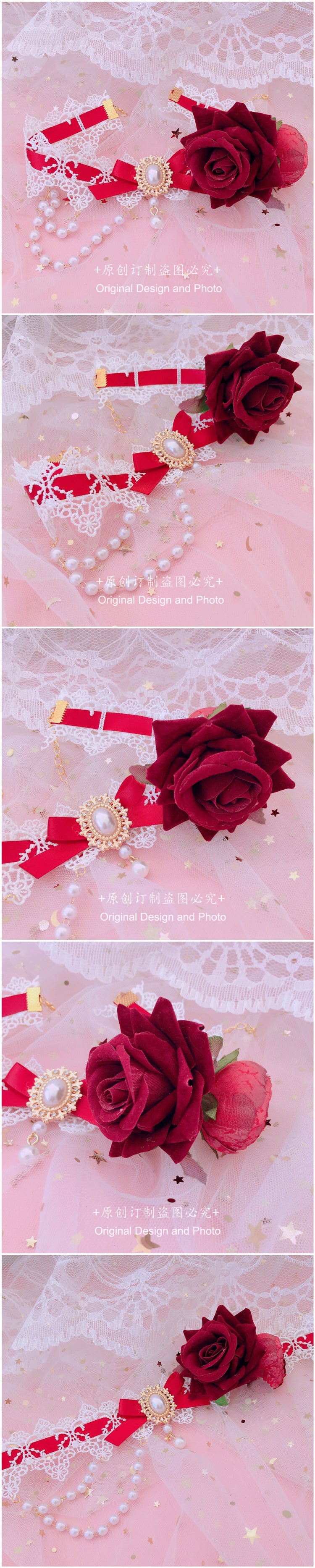 Christmas Lolita Handmade Necklace Pink Bridal Flower Necklace Tea Party Lace Pendant Pearl Choker