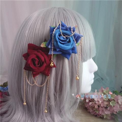 Lolita Rose Hair Clip Chain Bell Handmade DIY Handcraft Gay Hair Accessory Dark Gothic Cosplay Comic Exhibition Hair Accessor
