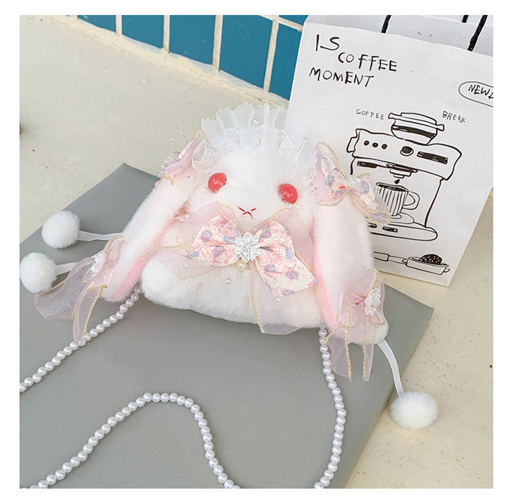 Lop-Eared Bunny Lolita Pearl Chain Doll Bag – 2025 Cute Bow Plush Shoulder Bag