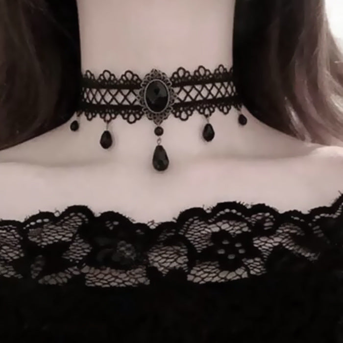 Gothic Dark Lolita Lace Necklace Y2K Harajuku Subculture Black Cross Choker