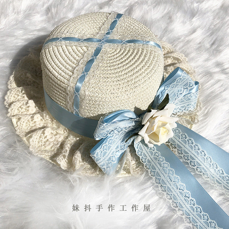 Lolita Multicolor Handmade Sweet Lace Long Ribbon Straw Hat Flat Top Sunshade Handmade Soft Girl