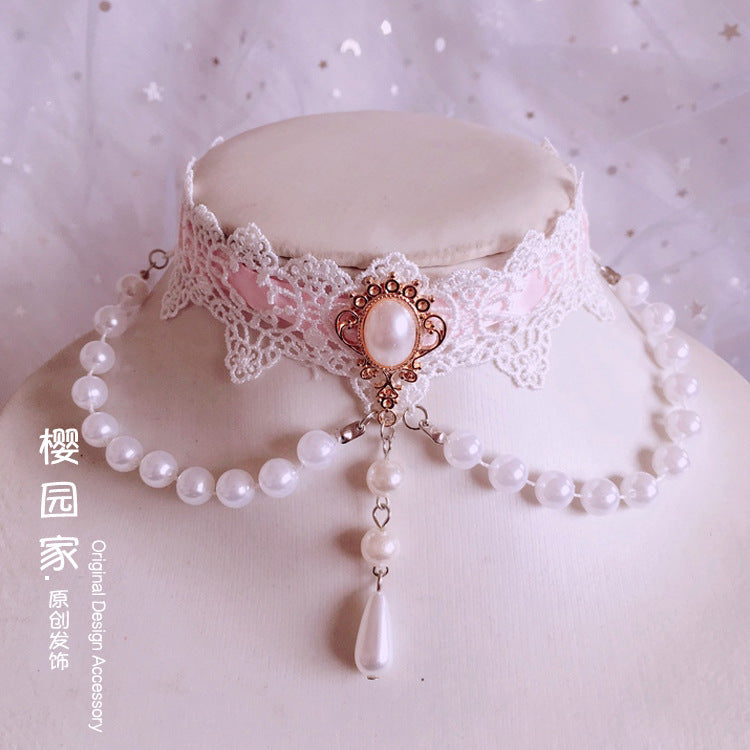 Ying Yuan Jia Lace Pearl White Choker Necklace