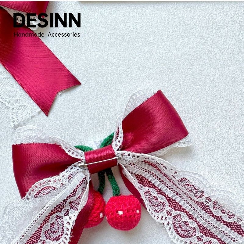 Handmade - Cherry Heart Bow - Lace Brooch - detail view 2