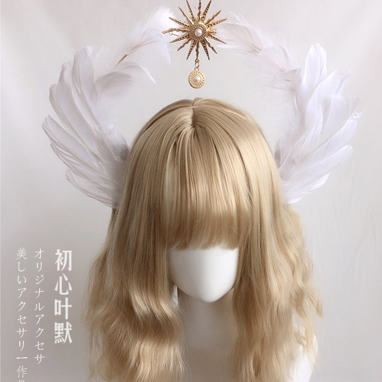Lolita Virgin Mary Halo Headband Wheat Cross Feather Church Pope Gold Hair Accessory Catwalk Photo Prop - Lolita Fetch