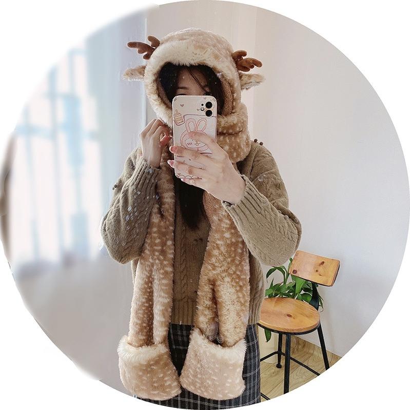 Xiaogui - Winter Kawaii Lolita Hat Antler - Plush 3-in-1 Set Headwear