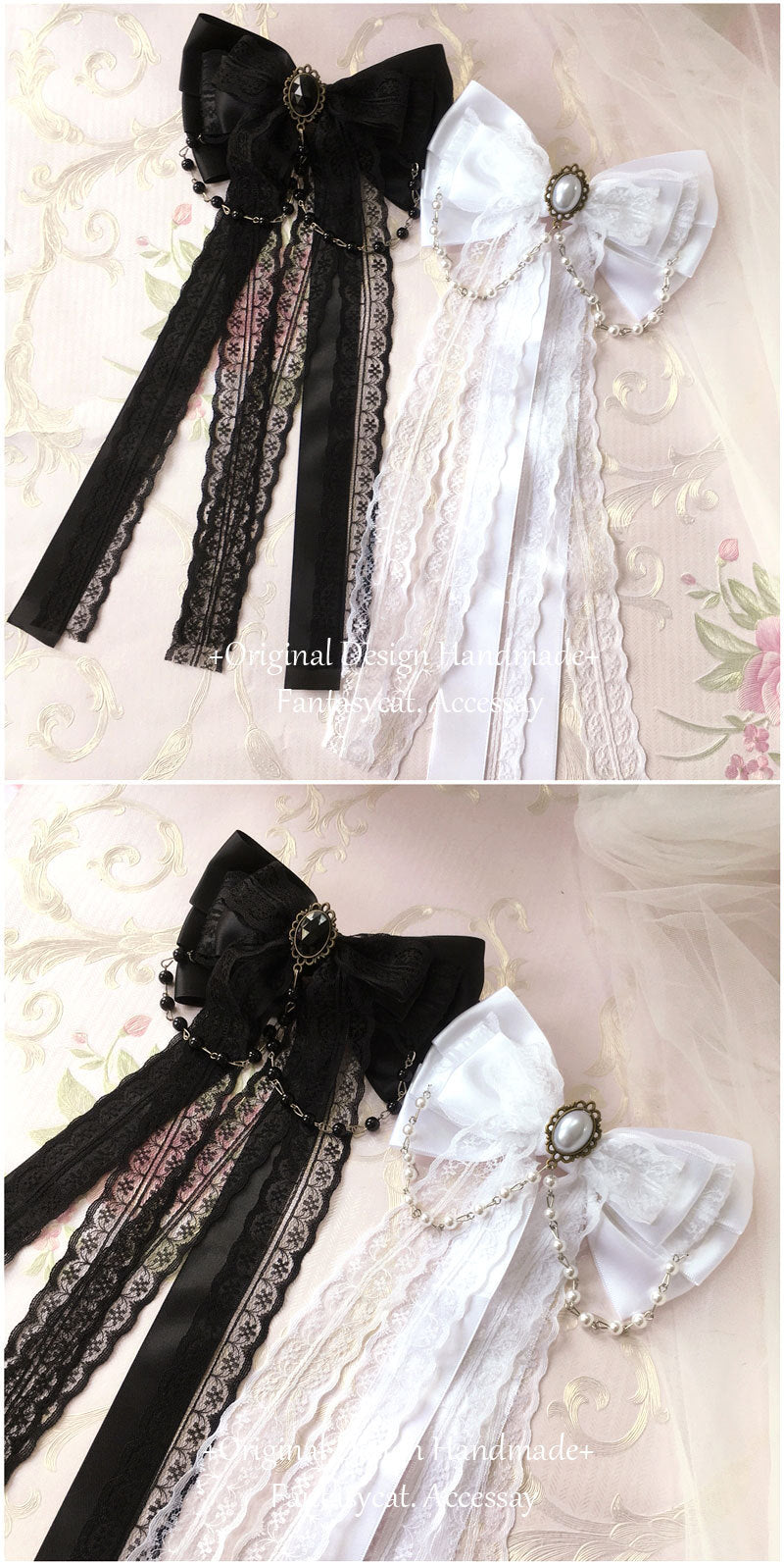 LolitaFetch Subculture Lolita girl hair clip with bow ribbon and bead chain, side and top hairpin accessory featuring fairy-inspired design.