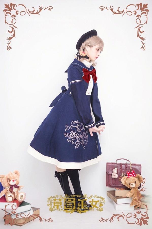 Strawberry Witch - Winter Kawaii Lolita Sailor Collar - Overcoat, Bear Embroidery Outerwear