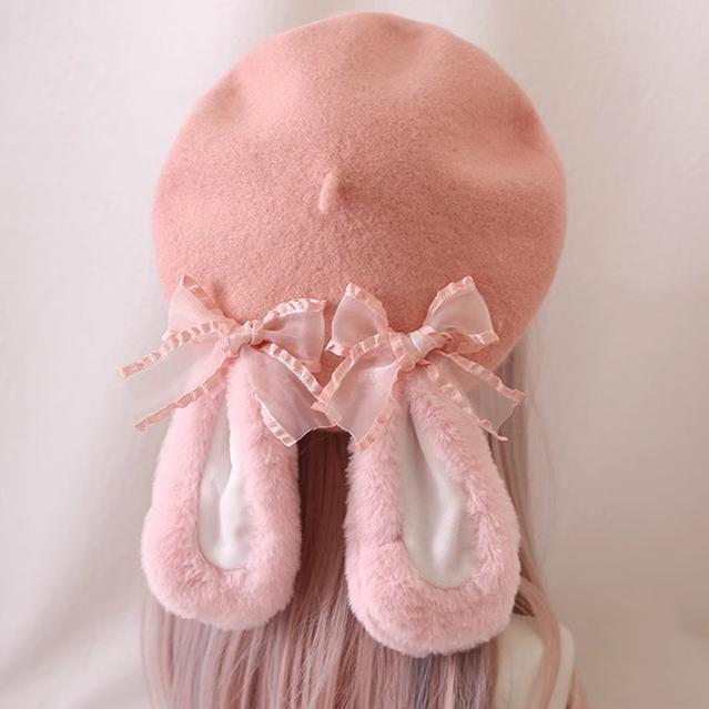 Xiao Gui - Winter - Pink Wool Lolita Beret with Fixed Bunny Ears - product detail 3