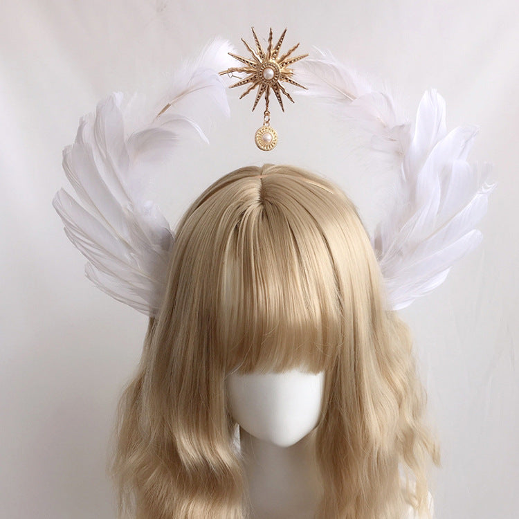 Lolita Virgin Mary Halo Headband Wheat Cross Feather Church Pope Gold Hair Accessory Catwalk Photo Prop - Lolita Fetch