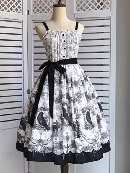 Blue Bird of Happiness - Mystic Crow - Gothic Lolita JSK dress with crow, rose and cross prints - product detail 2