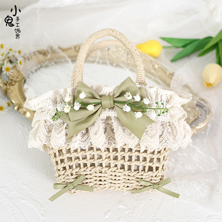 Original Lolita Mori Style Lily of the Valley Lace Beach Pastoral Straw Bag Rattan Bag Handheld Woven Bag Crossbody Bag