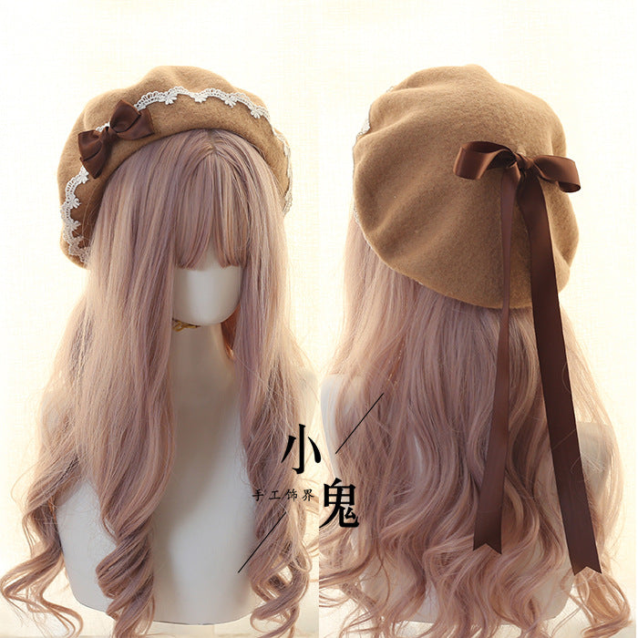 Beret Lolita Sweet Woolen Handmade Lace Bow Beret for Girls - Lolita Fetch