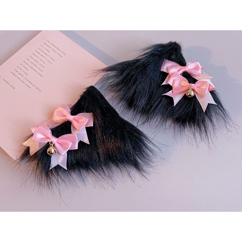 Original Handmade Faux Fur Plush Cat Ear Animal Ear Bow Hair Clip Side Clip Black Pink Japanese Lolita