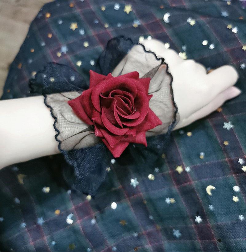 Handmade dark Lolita lace wrist cuffs with intricate lace details, stylish gloves from LolitaFetch.