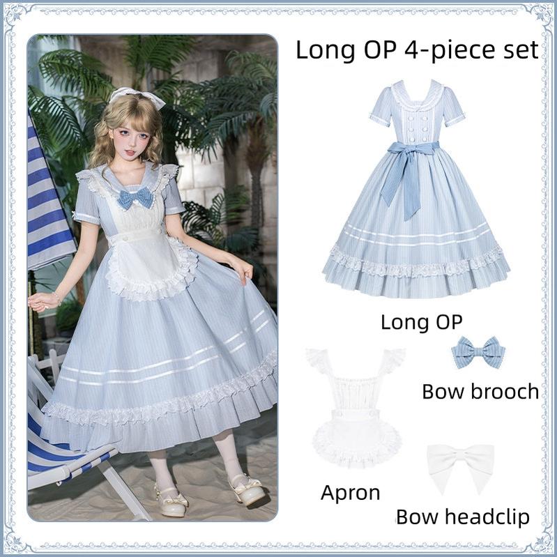 Seven-Day Bell - Blue Classic Lolita Striped OP Dress, Sailor Collar (L M S) 45166:837902