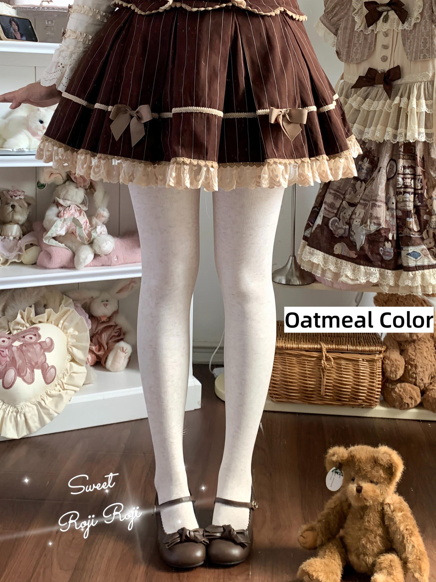 Kawaii Lolita Fleece-Lined Tights, Multiple Colors Oatmeal Color One Size