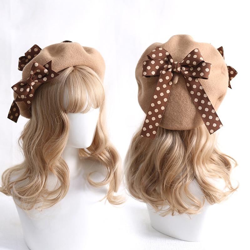 Xiaogui - Sweet Lolita Red Polka Dots Bow Beret Hat M（56-58cm） khaki
