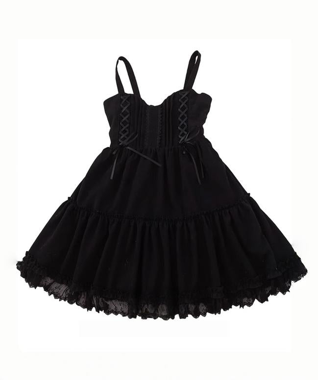 Black knee-length JSK with a two-part A-line skirt and lace-trimmed bodice