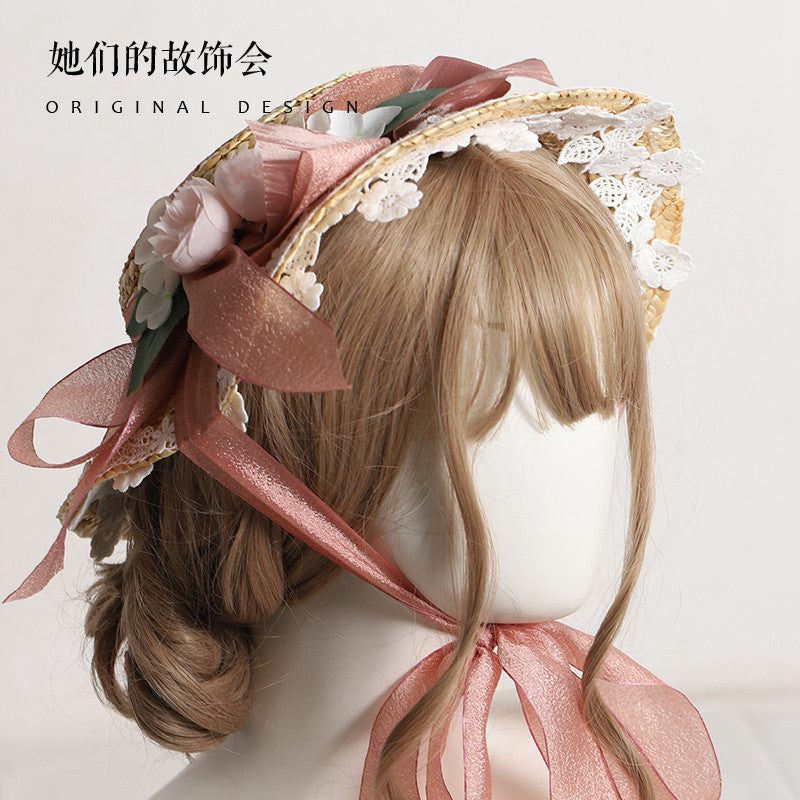 Lolita Flower Straw Hat for Women Summer Flat Hat Lolita Sun Protection Shade Han Yang Eclectic Mori Style Hat for Women