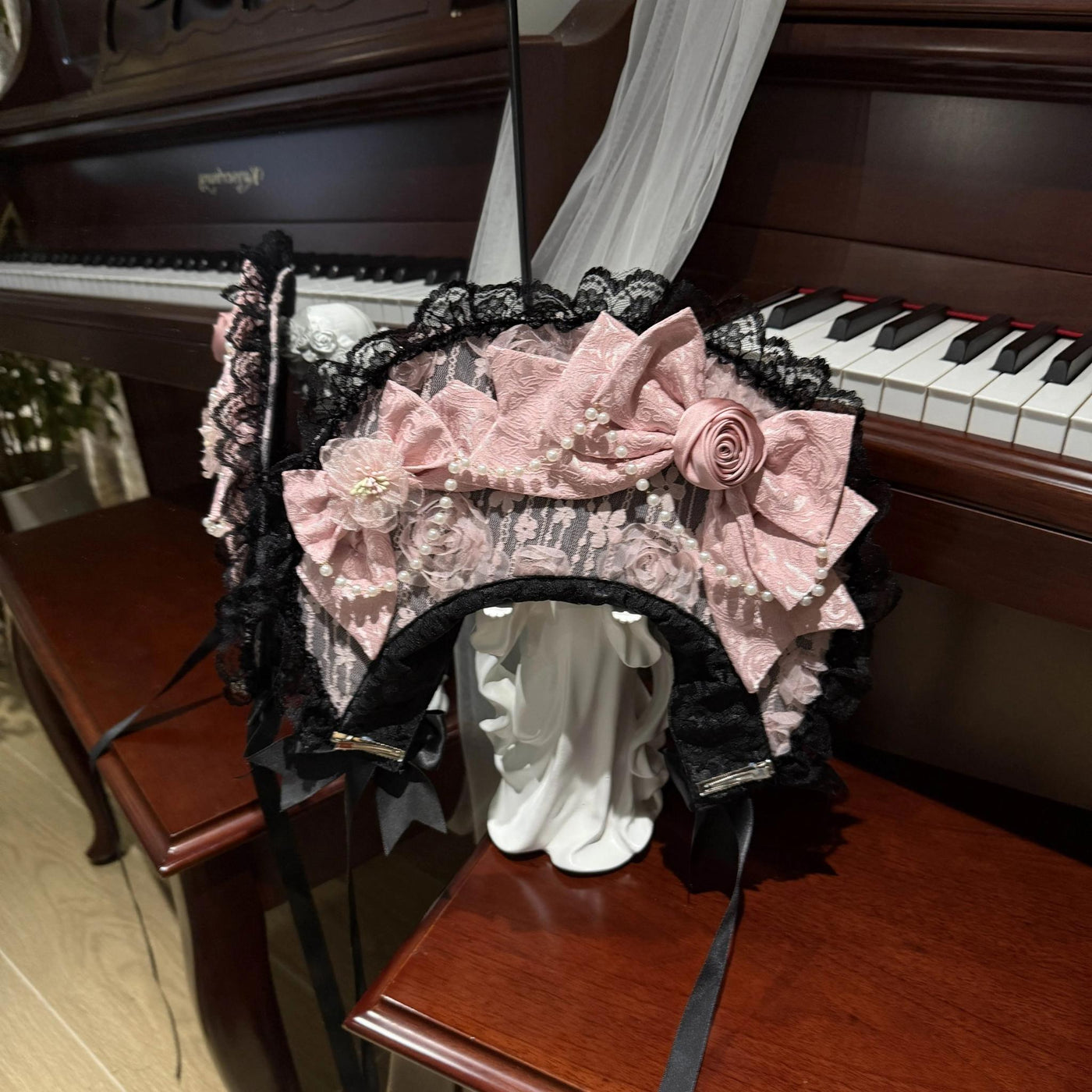 Rose Princess - Halloween Gothic Lolita JSK, Sheer Rose Dress Black and Pink BNT Only (one size / M) S