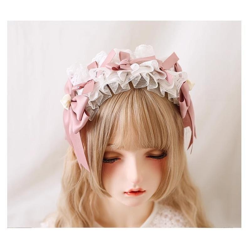 Xiaogui - Ivory & Pink Sweet Lolita Headdress - Bridal Lace Headwear Headwear
