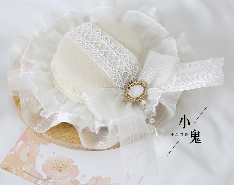 Miss Fula Lolita  Elegant Hairband Lolita Hairband Necklace White Wedding Black Hat