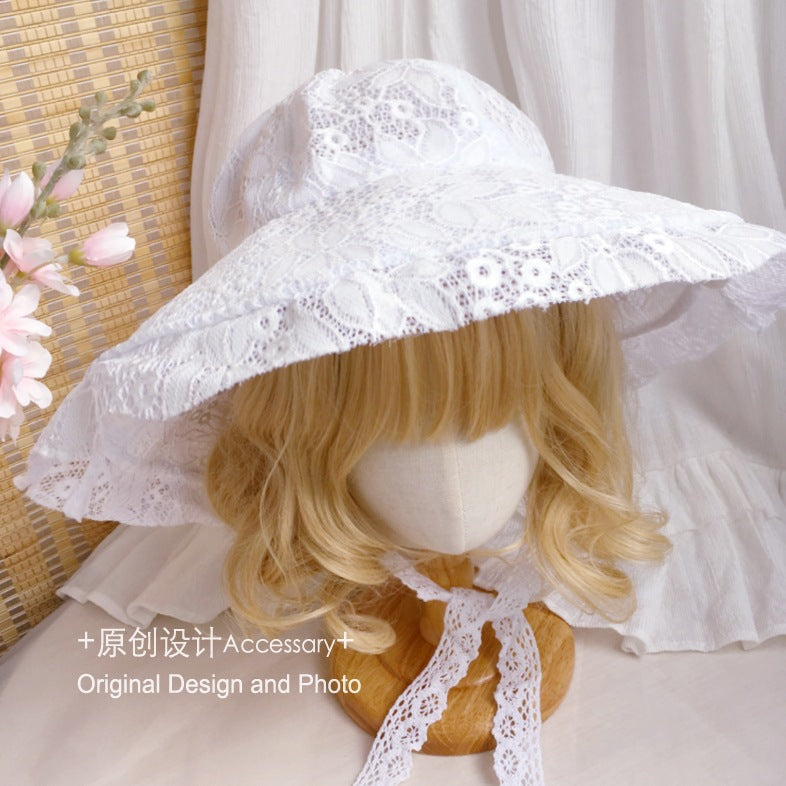 Girl Lolita White Lace Sun Hat Wide Brim Sunshade Hat Vintage Bonnet Hat Sun Protection Hat - Lolita Fetch