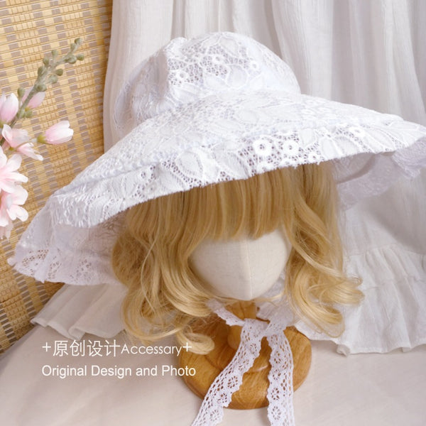 Girl Lolita White Lace Sun Hat Wide Brim Sunshade Hat Vintage Bonnet Hat Sun Protection Hat - Lolita Fetch