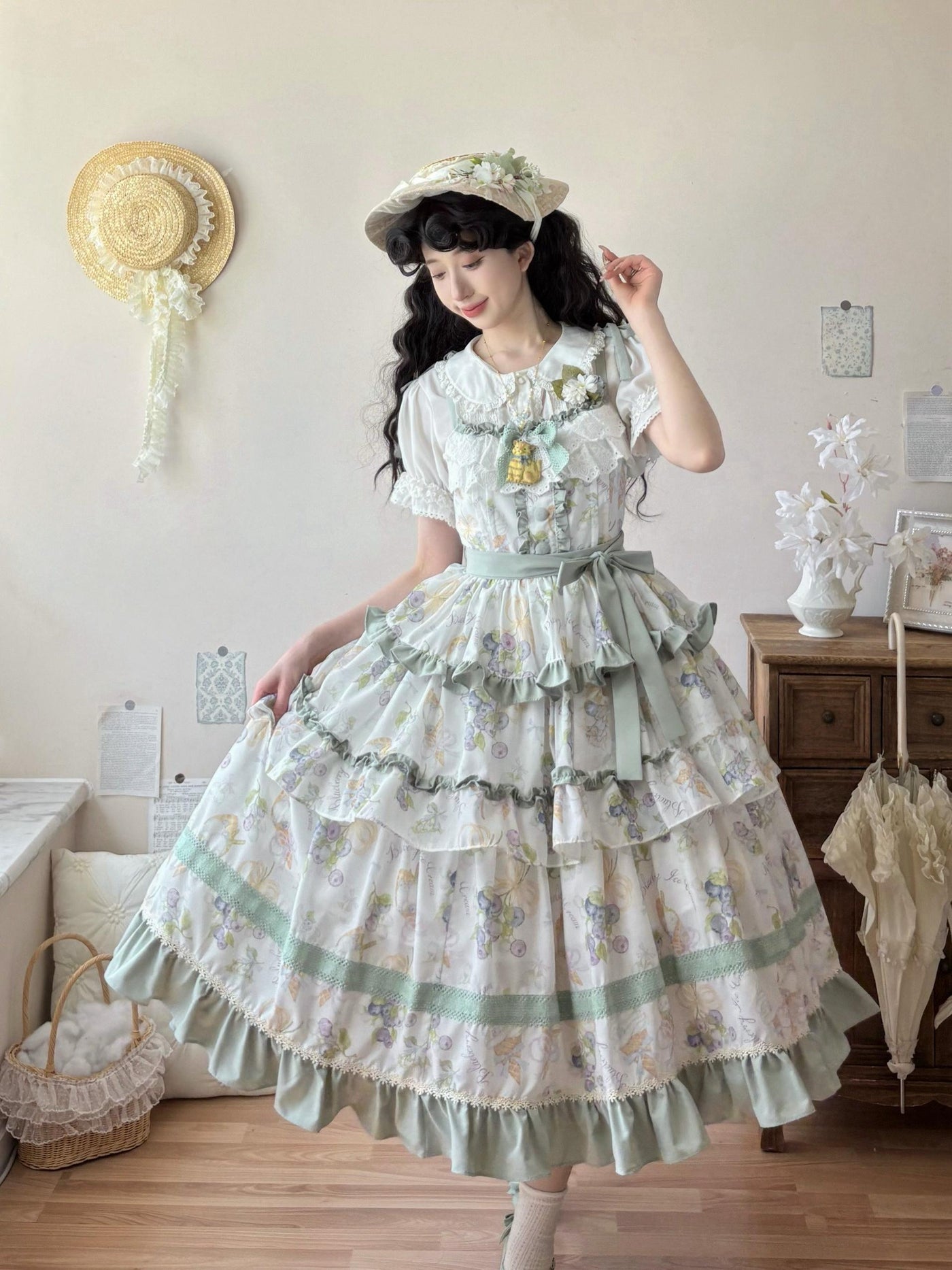 Qianmu - Blueberry Midsummer - Country Lolita Tiered JSK, Blueberry Print