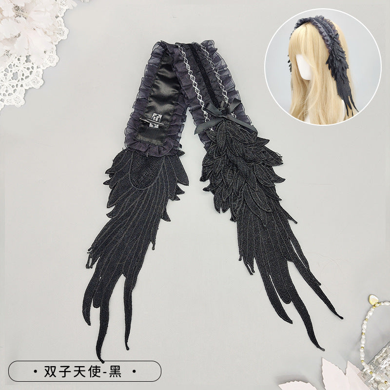 Dark Gothic Lolita Hair Accessories Angel Wings Lace Trim Headwear Lolita Wings Headband - Lolita Fetch