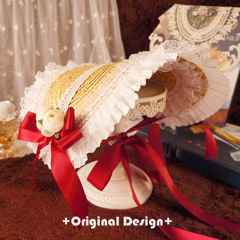 Fanmao Lolita French Flat Bonnet - Multi-color Pastoral Style Women's Summer Straw Hat