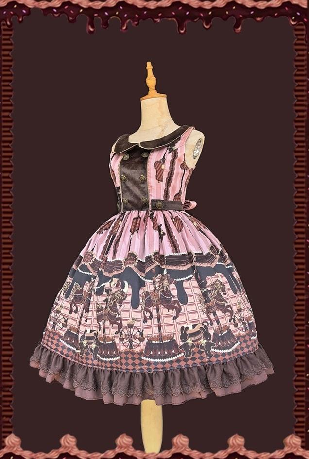 Infanta - Chocolate Carousel - Peter Pan Collar Old School Lolita JSK Dress, Carousel Print