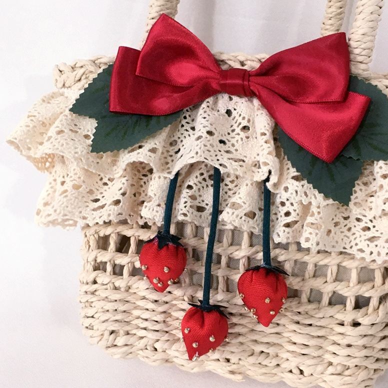 Lolita Bag for Women 2022 New Strawberry Flower on the Hill Handmade Small Item Lolita Spring Outing Straw Bag - Lolita Fetch